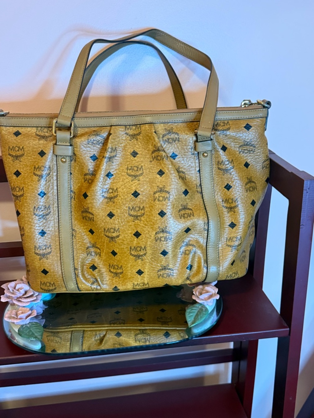 MCM Visetos Mustard Logo Canvas Tote with Leather Trim - Picture 2 of 9